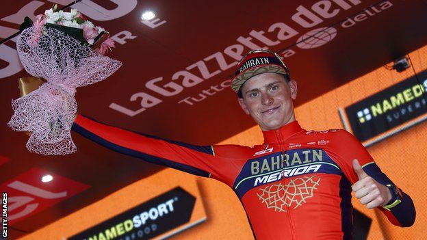 Matej Mohoric celebrates winning stage 10 of the Giro