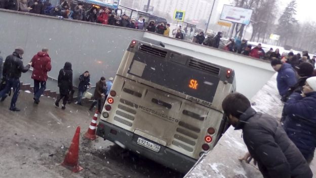 A view shows the scene of an incident involving a passenger bus, which swerved off course and drove into a busy pedestrian underpass, in Moscow, Russia December 25, 2017.