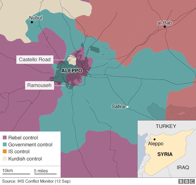 Mappa militare di Aleppo aggiornata al 12/09/2016. Credits to: BBC.