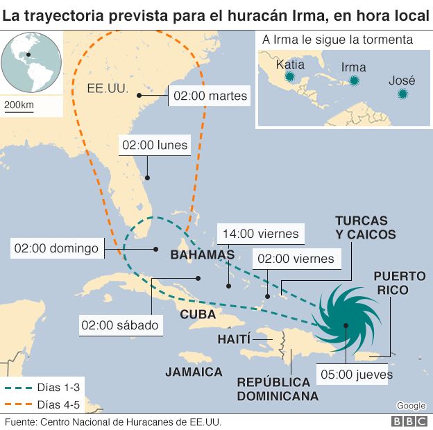 Mapa con la trayectoria prevista para el huracán Irma.