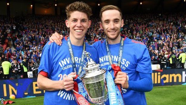 Ryan Christie and Nick Ross with the Scottish Cup trophy