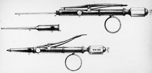 Primera aguja hipodérmica, inventada por el físico irlandés Dr. Francis Rynd hacia 1845