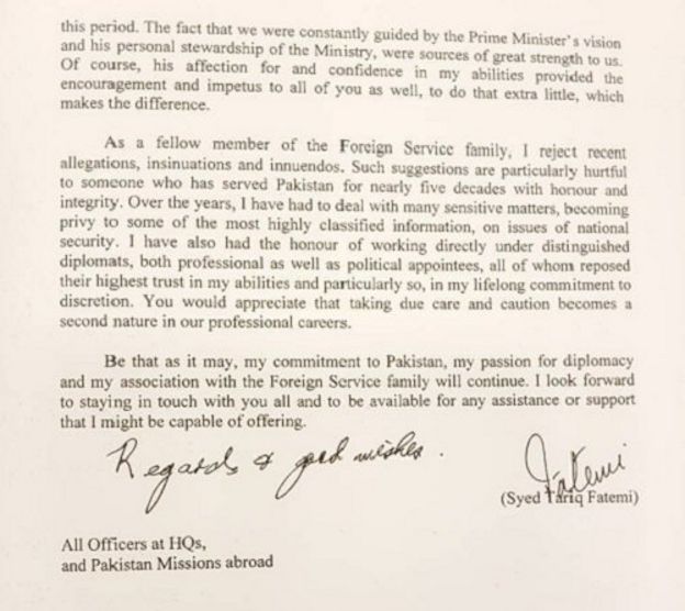 طارق فاطمی کے خط کا عکس