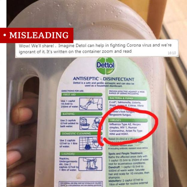 Back of a Dettol bottle lists what the disinfectant is effective against including "human coronavirus". Message on WhatsApp overlaid on the photo reads: "Wow! We'll share! Imagine Dettol can help in fighting Corona virus and we're ignorant of it. It's written on the container." This is labelled misleading.