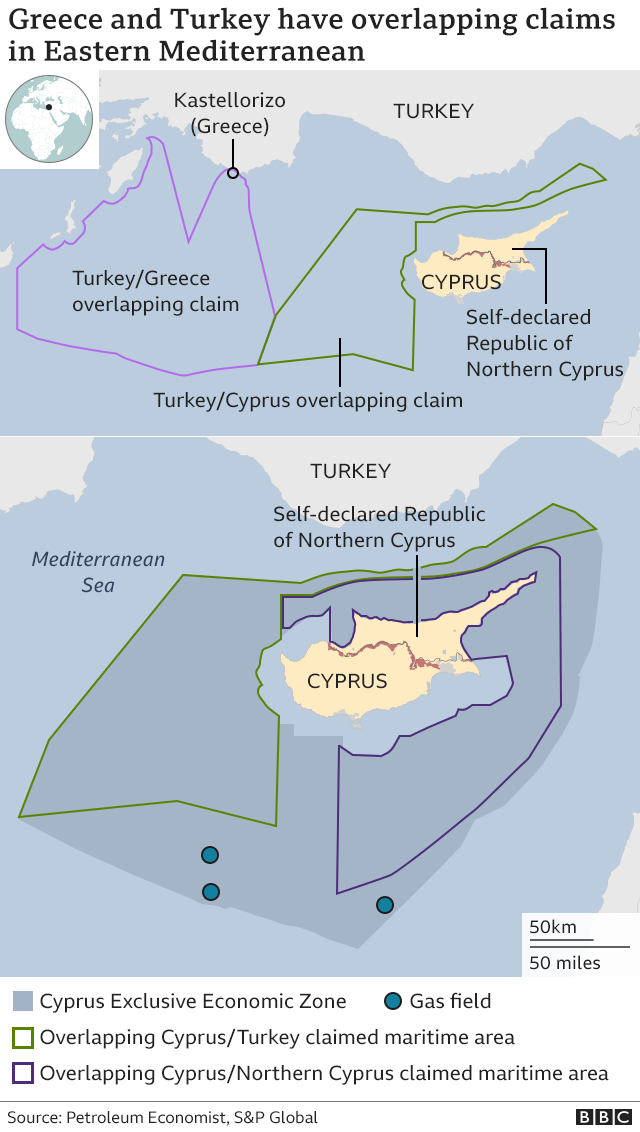 Competing Greek and Turkish claims in the Med map