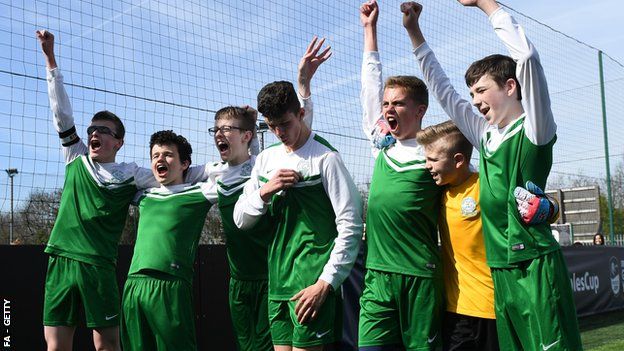 Bromley Valiants celebrate winning the Youth Disability category in Wimbledon, coming back from 2-0 down in the final to win 3-2 against MK Dons