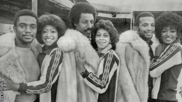 The Three Degrees - footballers Laurie Cunningham, Brendon Batson and Cyrille Regis - with the pop group