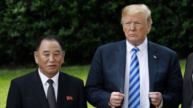 US President Donald Trump stands with Kim Yong Chol, former North Korean military intelligence chief and one of leader Kim Jong Un's closest aides, on the South Lawn of the White House on June 1, 2018 in Washington, DC.