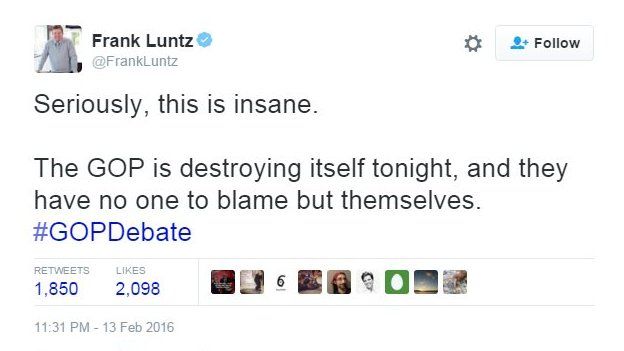 Frank Luntz tweets: Seriously, this is insane. The GOP is destroying itself tonight, and they have no one to blame but themselves.