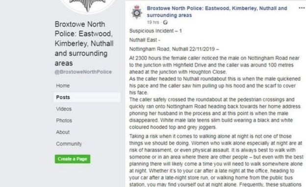Nottinghamshire Emniyet Müdürlüğü'nün Facebook'ta yayımladığı mesaj