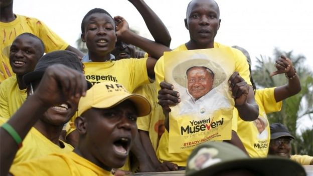 Supporters of Ugandan President Yoweri Museveni celebrate his election victory in Kampala, Uganda 20 February 2016