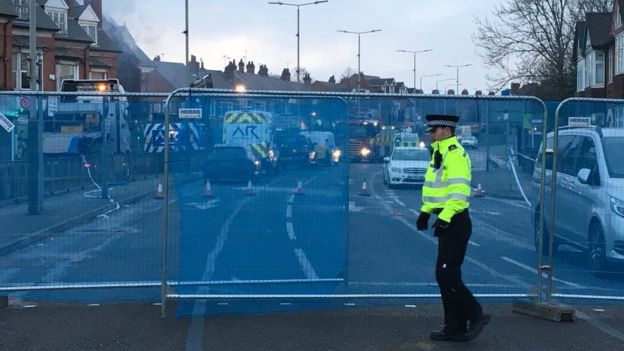 A section of Hinckley Road in Leicester remains cordoned off