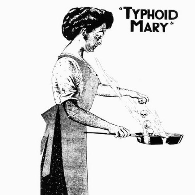 This illustration from around 1909 shows Typhoid Mary breaking skulls into a skillet
