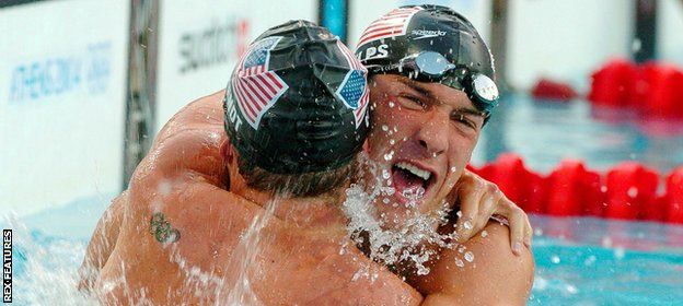 Michael Phelps celebrates winning at the 2004 Athens Olympic