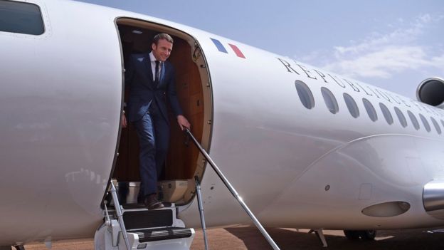 French President Emmanuel Macron arrives for a visit to the troops of France's Barkhane counter-terrorism operation in Africa's Sahel region in Gao, northern Mali, 19 May 2017.