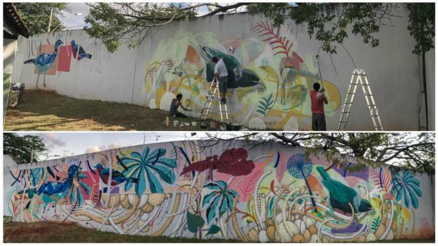 Muro recebe intervenção artística em hospital psiquiátrico