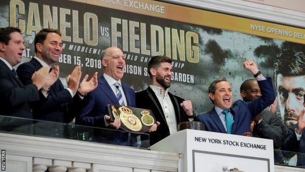 WBA super-middleweight champion Rocky Fielding rang the opening bell at the New York Stock Exchange to promote his bout with Alvarez