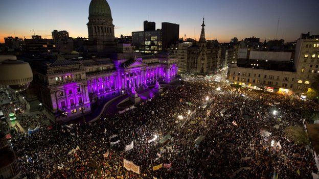 People demonstrate against gender violence outside the National Congress in Buenos Aires