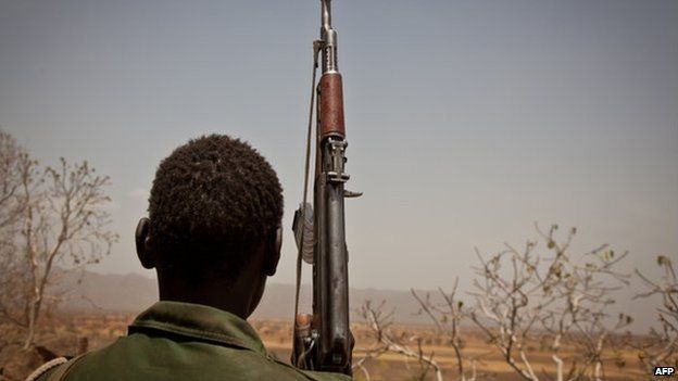 Rebel soldier looks out toward Talodi, in South Kordofan