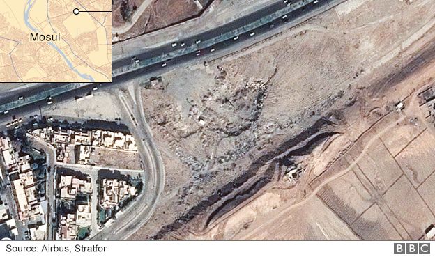 Satellite image showing damage to the ancient Assyrian site of Nineveh