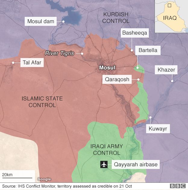 Map showing Iraqi and Kurdish territory gains in and around Mosul