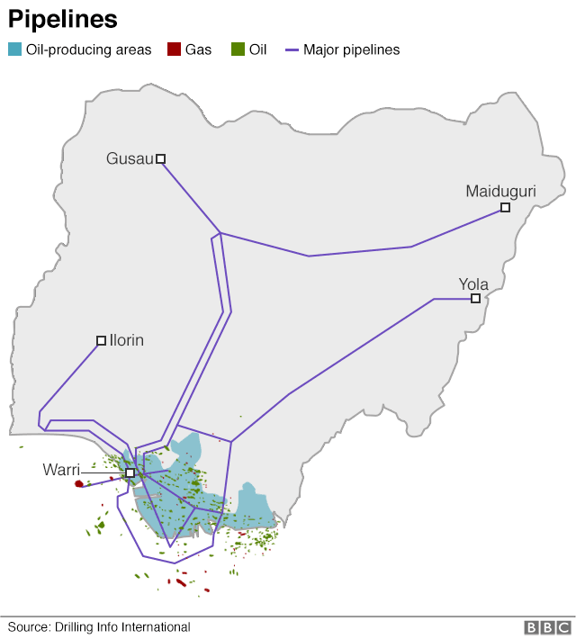 Map showing the oil pipelines in the country