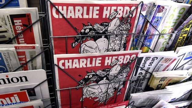 The latest edition of French satirical weekly newspaper Charlie Hebdo is on display at a newsstand on February 25, 2015 in Montpellier.
