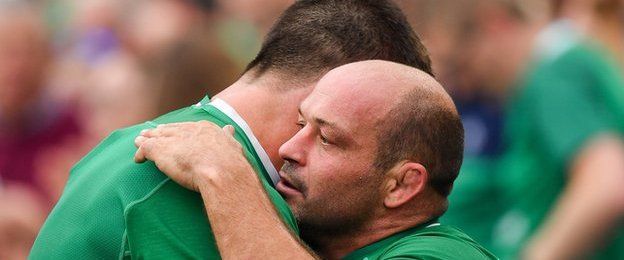 Johnny Sexton with Rory Best after the Ireland skipper leaves the Aviva Stadium pitch for the final time
