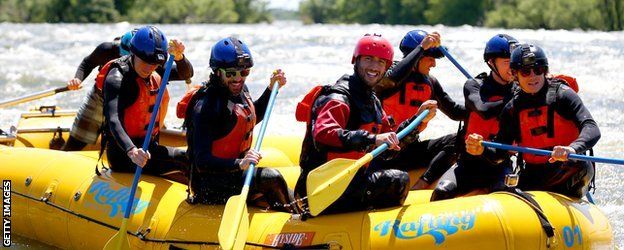 Red Bull and Toro Rosso drivers white water rafting
