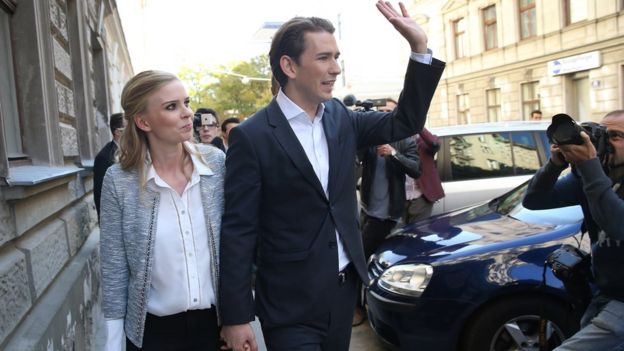 Ngoại trưởng Áo và lãnh đạo Đảng Nhân dân Áo Sebastian Kurz cùng bạn gái Susanne Thier sau khi bỏ phiếu bầu cử quốc hội Áo hôm 15/10/2017