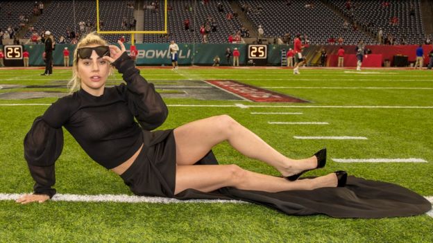 Lady Gaga on the pitch at the NRG Stadium in Houston