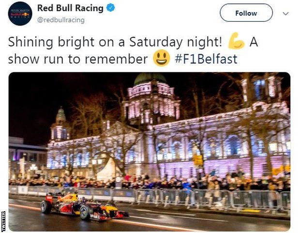 A tweet of the Red Bull F1 car racing in Belfast
