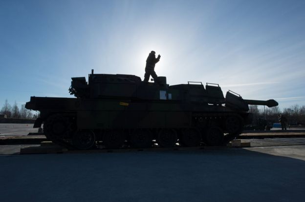 A French tank, part of a Nato mission, arrives on 29 March at Tapa military base, Estonia