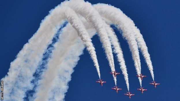 The Red Arrows in action before the British Grand Prix