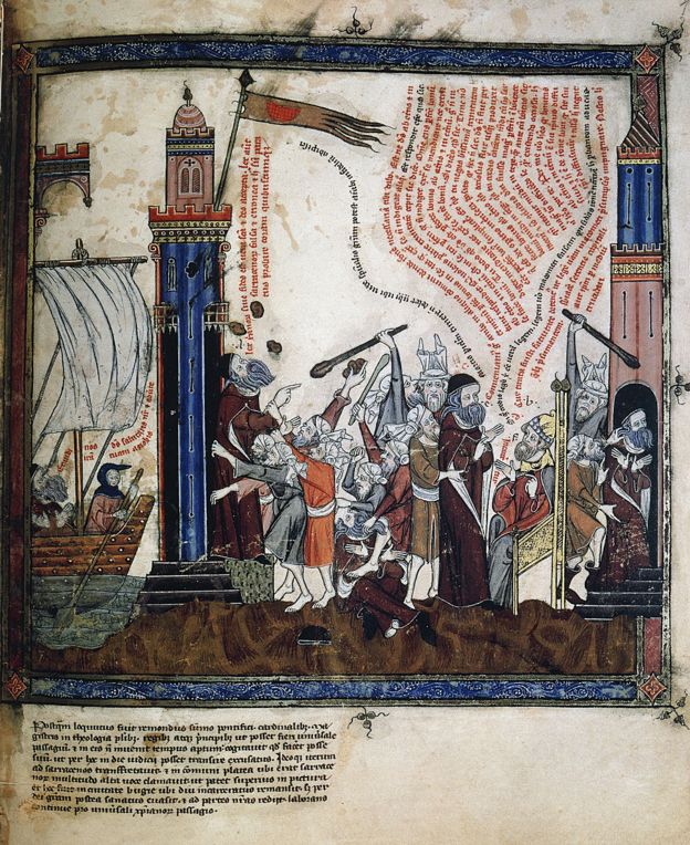 Ramon Llull viaje a Bugía como misionero, su lapidación y reclusión en prisión ("Breviculum Codex", miniatura, Biblioteca Memorial de Baden, Karlsruhe, Alemania).