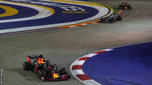 Red Bull driver Max Verstappen drives on the street circuit at the 2019 Singapore Grand Prix