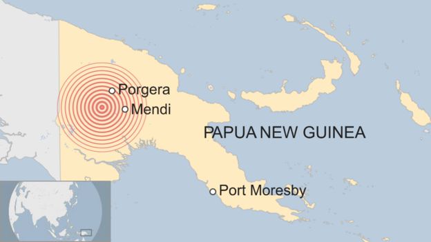 Map showing earthquake's initial tremor in Papua New Guinea's central provinces.