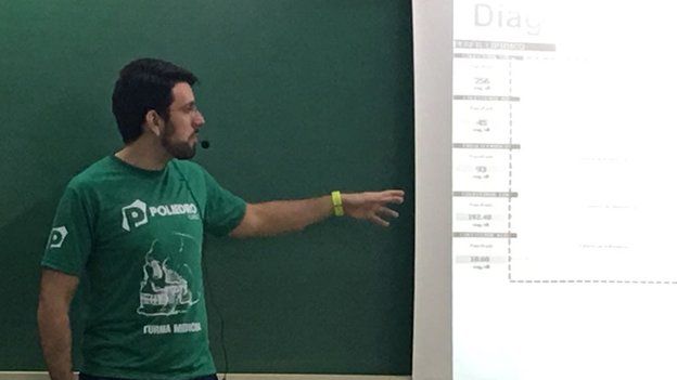 Vinicius de Carvalho Haidar, coordenador do Curso Poliedro, dando aula em frente a um quadro escolar