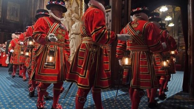 The Yeoman of The Guard performing their traditional "search" of the cellars of the Palace of Westminster