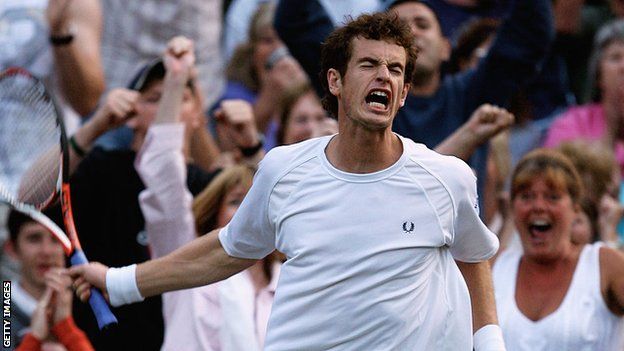 Andy Murray celebrates beating France's Richard Gasquet in the 2008 Wimbledon fourth round