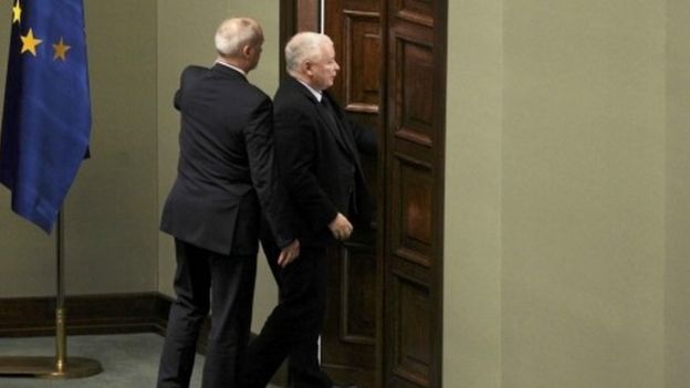 Jaroslaw Kaczynski leaves parliament as Polish opposition MPs protest against proposed new parliamentary reporting rules