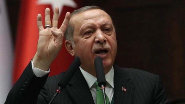 President Erdogan raises a hand during a speech last week