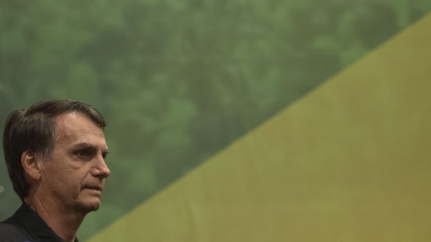 Jair Bolsonaro de perfil em frente a bandeira do Brasil
