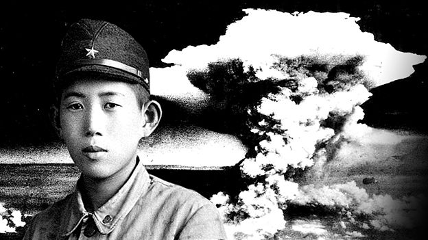Shinji Mikamo as a boy, and Hiroshima bomb cloud