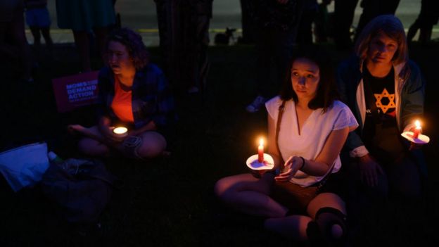 A candlelight vigil for the victims of the El Paso and Dayton shootings was held at the 6th Presbyterian Church in the Squirrel Hill neighbourhood of Pittsburgh, blocks from the Tree of Life Synagogue