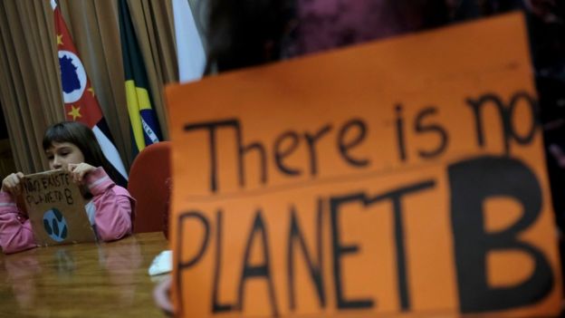 девочка и плакат "У нас нет планеты Б"