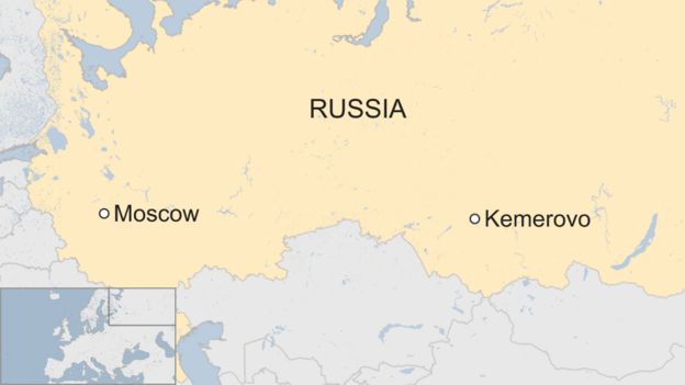 Map shows the cities of Moscow and Kemerovo in Russia