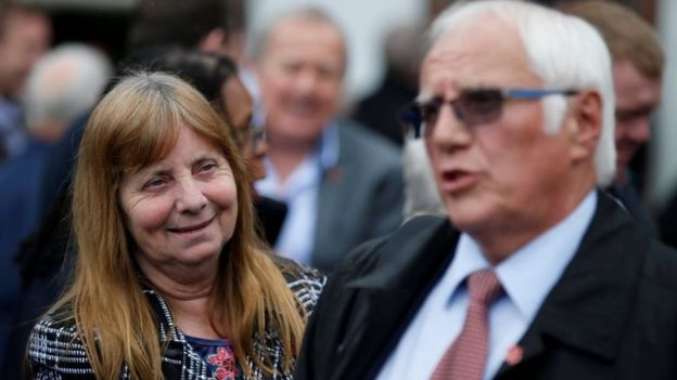 Trevor Hicks and Margaret Aspinall speak to the press outside Parr Hall