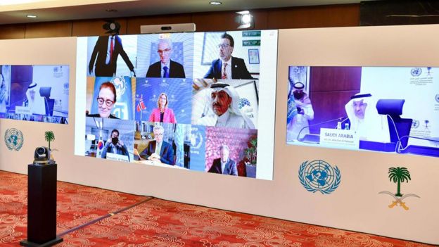 Participants in the virtual meeting for the High-Level Pledging Event For The Humanitarian Crisis in Yemen 2020 in Riyadh, Saudi Arabia (2 June 2020)