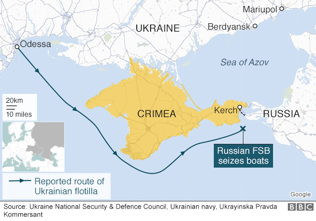 Map of route of Ukrainian boats off Crimea on 25 November